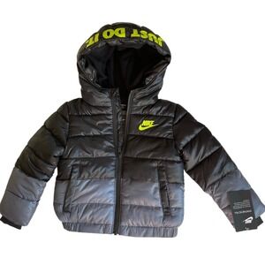 Nike Boys Puffer Jacket Hooded "Just Do It" Black Gray‎ Size 5 New With Tags